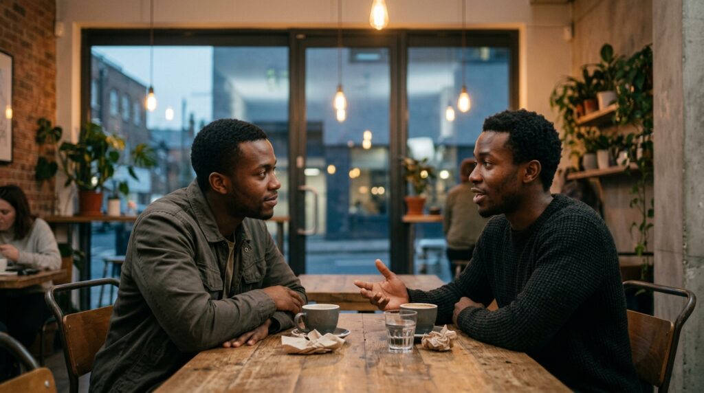 Two African friends sitting together in a modern urban café — learning how to support someone's mental health with presence and compassion